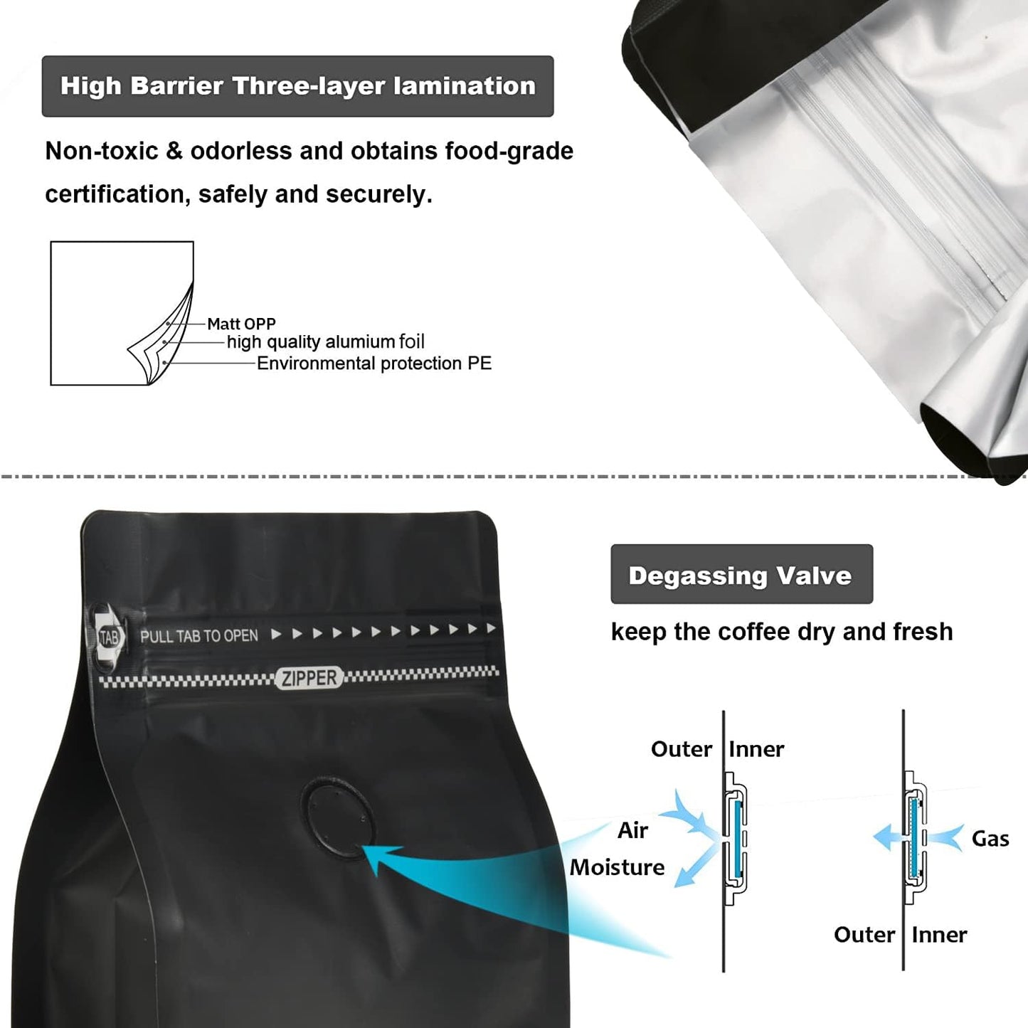 1lb/500g Premium Black Coffee Bags with Valve, Pack of 50 - High Quality Storage