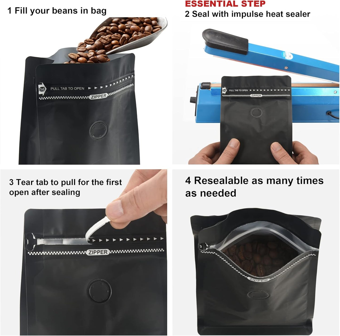 1lb/500g Premium Black Coffee Bags with Valve, Pack of 50 - High Quality Storage