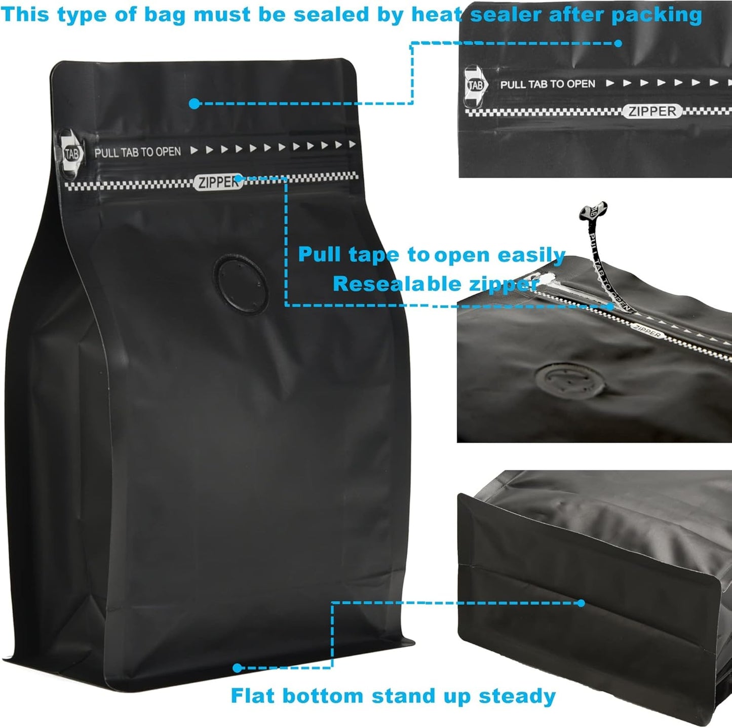 1lb/500g Premium Black Coffee Bags with Valve, Pack of 50 - High Quality Storage