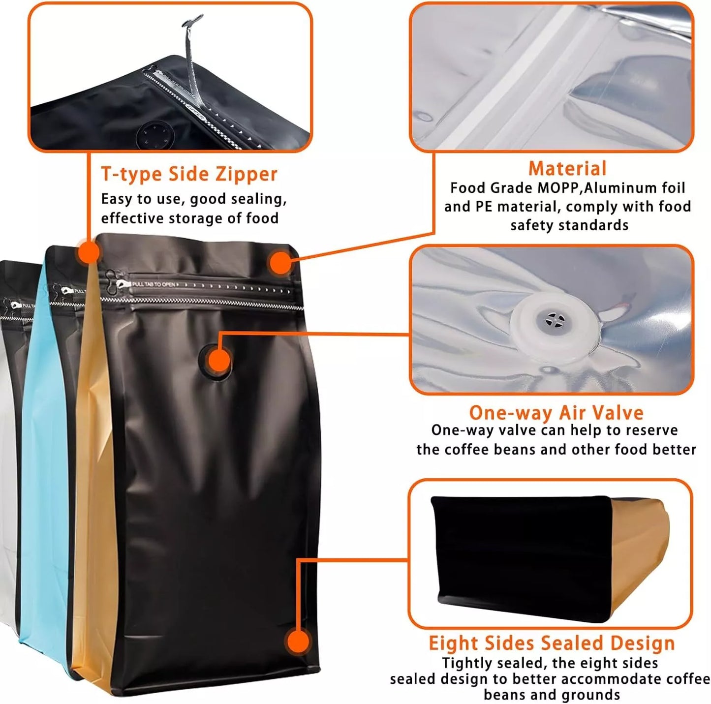 2.5kg 5lb Coffee Bags with Valve Black Front Light Blue Sides Pack of 50 Premium