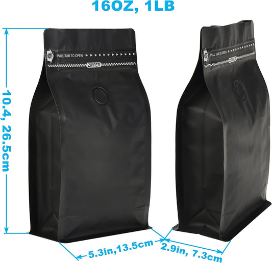 1lb/500g Premium Black Coffee Bags with Valve, Pack of 50 - High Quality Storage